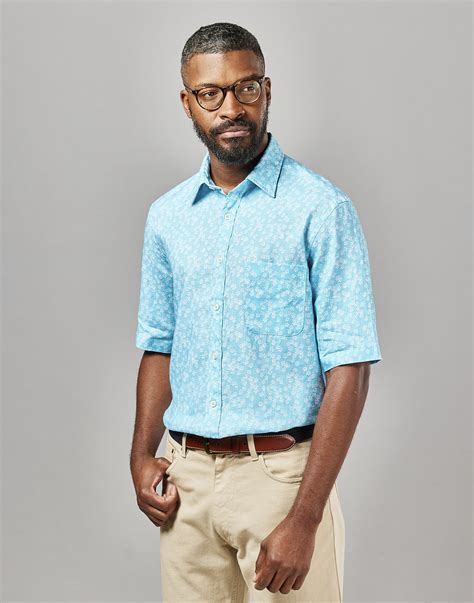 Linen Shirt Short Sleeve Aqua Floral