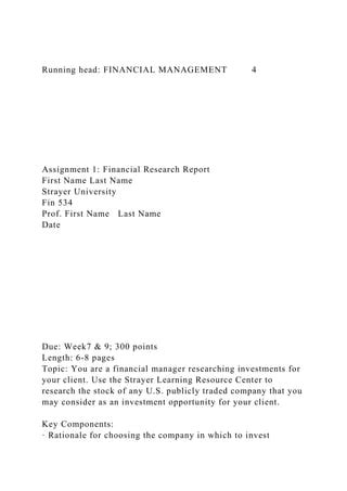 Running Head FINANCIAL MANAGEMENT4Assignment Docx