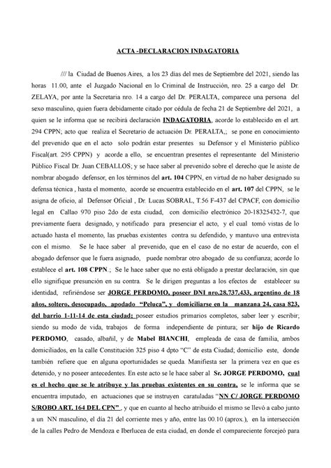 Acta De Declaracion Indagatoria Acta Declaracion Indagatoria La