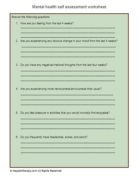 Mental Health Self Assessment Worksheet HappierTHERAPY Worksheets