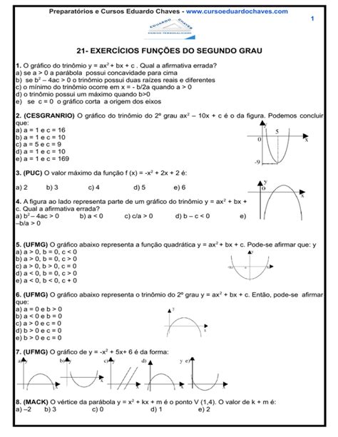 21 Exercícios Funções Do Segundo Grau