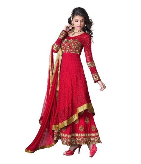 Komal Enterprise Red Jaquard Semi Stitched Embroidered Salwar Suit