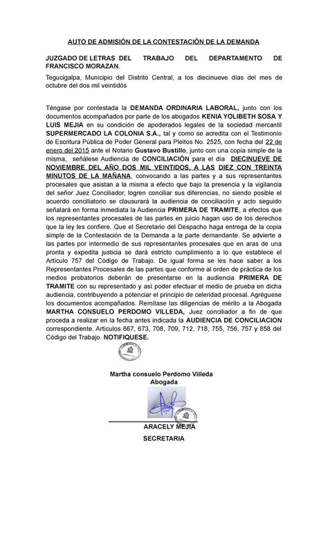 AUTO DE AdmisióN DE LA ContestacióN DE LA Demanda AUTO DE ADMISIÓN