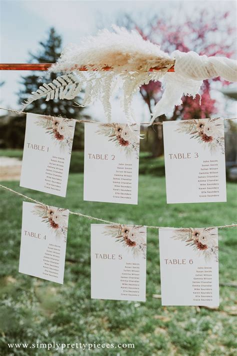 Editable Bohemian Seating Chart Template Pampas Grass Dried Flower Hanging Table Cards