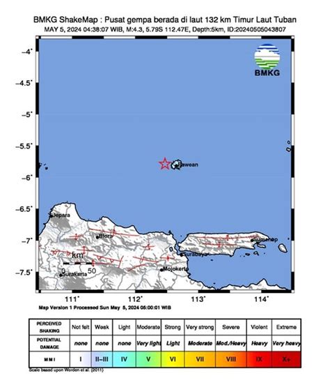 Gempa M 4 3 Guncang Laut Tuban BMKG Terasa Hingga Bawean