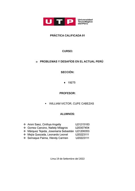 Práctica Calificada 01 PRÁCTICA CALIFICADA 01 CURSO o PROBLEMAS Y