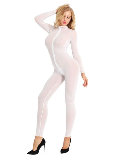 Sexy Women S Sheer Lingerie Catsuit Bodysuit Zipper Jumpsuit Adult