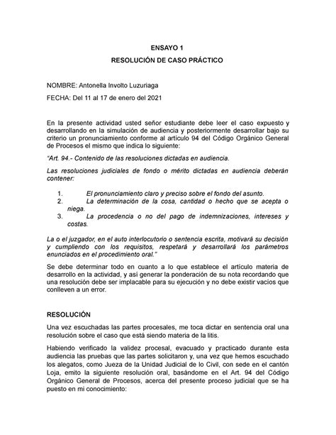 Ensayo 1 Resolución ENSAYO 1 RESOLUCIÓN DE CASO PRÁCTICO NOMBRE