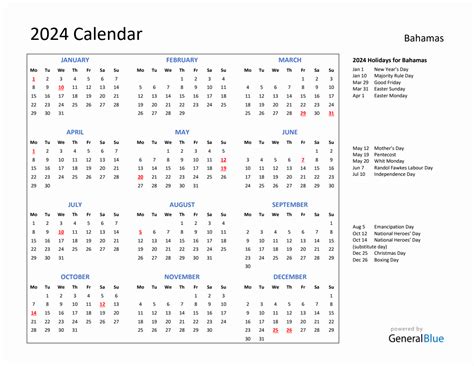 Calendar With Holidays For Bahamas