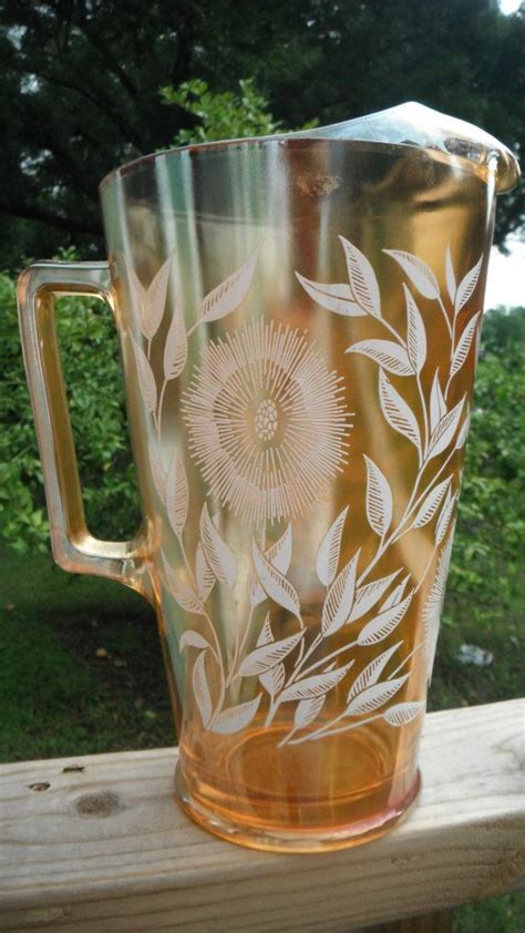 Vintage 50s Carnival Glass Pitcher Jeanette Glass Etched Etsy Carnival Glass Glass Pitchers