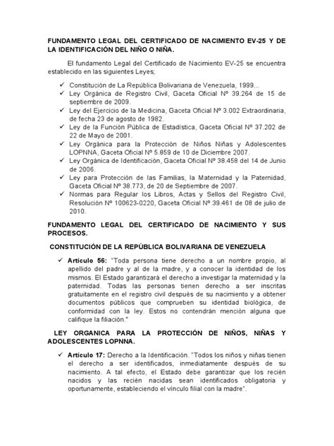 Fundamento Legal Del Certificado De Nacimiento Ev Pdf Certificado