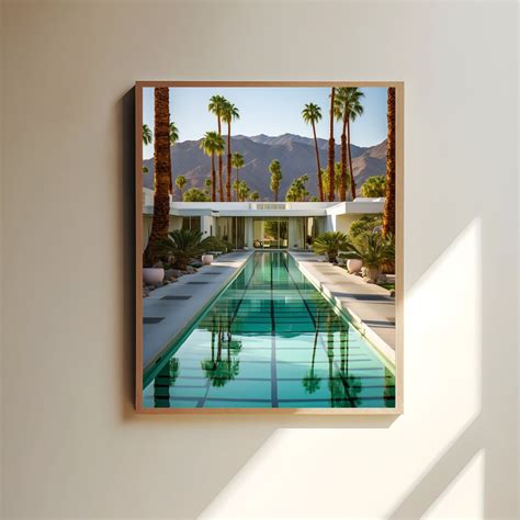 Mid Century Modern Poolside Art Poster Vintage Style Palm Trees Scenery Vibrant Colors Ideal