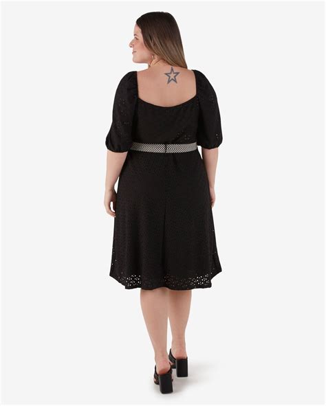 Riachuelo Vestido Midi Plus Size Feminino Evasê Manga Bufante Preto