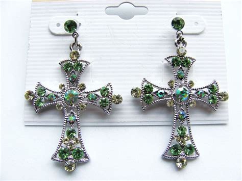 Green Peridot Cross Post Earrings Genuine CZ Stones