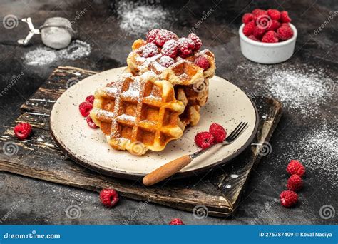 Belgian Waffles With Raspberries With Sugar Powder Traditional Belgian