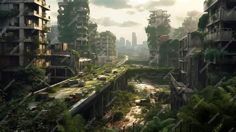 Premium Ai Image A Postapocalyptic City With Overgrown Vegetation