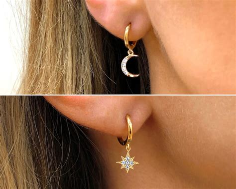 Mismatched Moon And Star Hoops Gold Star Hoop Earrings Gold Etsy