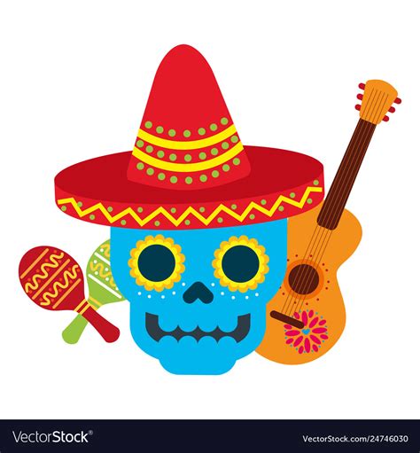 Mexican Skull With Hat Guitar And Maracas Vector Image