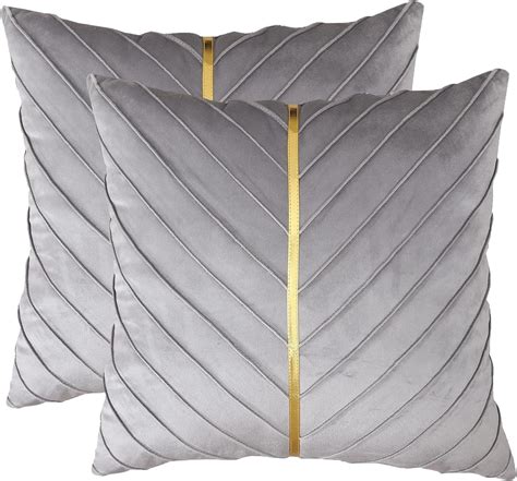 Tosleo Gray Velvet Throw Pillow Covers 24x24 Inch Pack Of 2 With Gold Leather