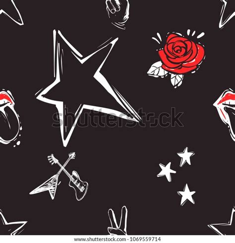 Rock Roll Seamless Pattern Rose Guitars Stock Vector Royalty Free 1069559714