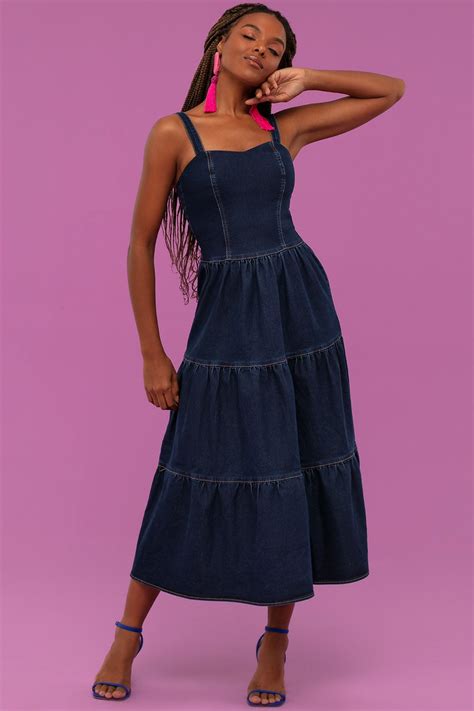 Vestido Flor do Caribe Jeans Escuro Longo Saia Três Marias