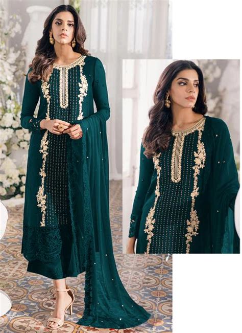 Buy Faux Georgette Rama Eid Wear Embroidery Work Pakistani Suit Online