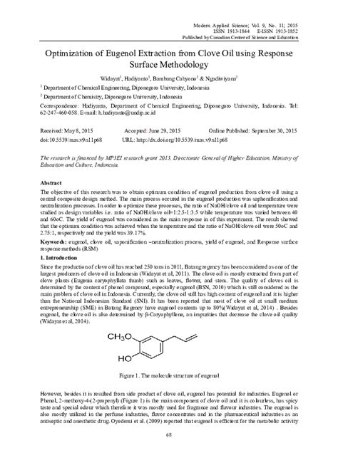 (PDF) Optimization of Eugenol Extraction from Clove Oil using Response ...