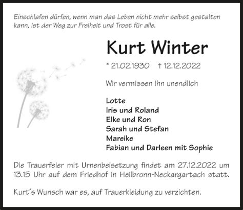 Traueranzeigen Von Kurt Winter Trauerundgedenken De