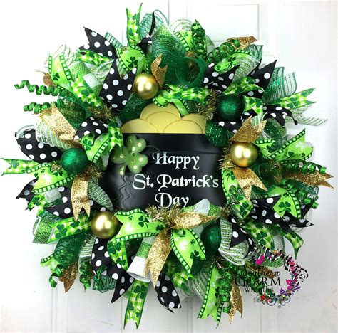 Deco Mesh St Patricks Day With Pot Of Gold Wreath In Green Gold Black