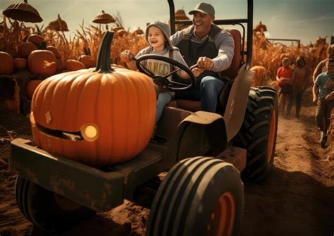 Premium AI Image | Parents and children enjoying a tractor ride at a pumpkin patch