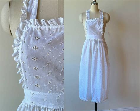 Vintage Apron White Eyelet Ruffled Pinafore Maxi Apron Full Bib