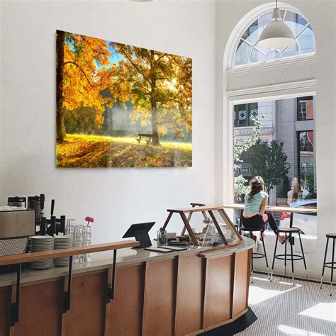 Panorama Acrylglasbild 180x90cm Wald Bäume Herbstbank