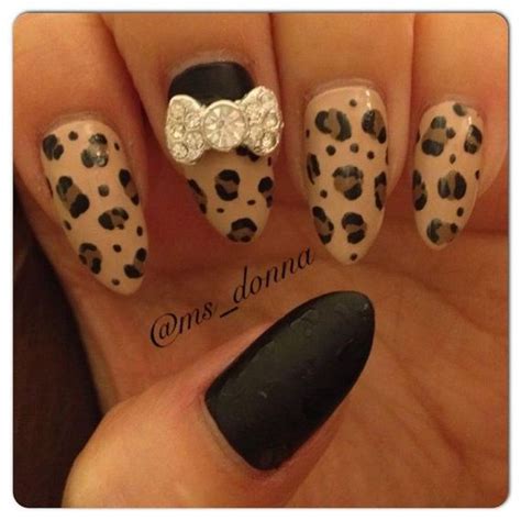 Black Matte And Leopard Print Stiletto Press On Nails With Crystal Bow