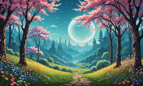 Fantasy Forest with Path Leading To Full Moon Stock Illustration - Illustration of leaf, blossom ...