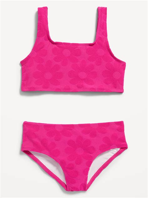 Textured Floral Terry Square Neck Bikini Swim Set For Girls Old Navy