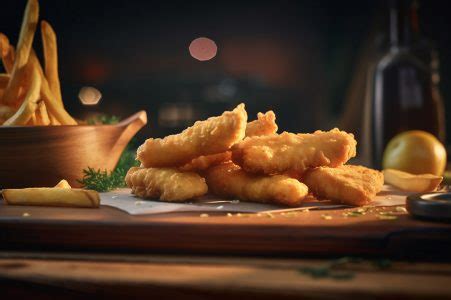 Tiras De Peixe Frito Crocante Batatas Fritas Na Mesa De Madeira