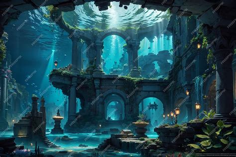 Premium AI Image | Underwater Atlantis Gala Ancient Ruins Mythical Creatures and Oceanic ...