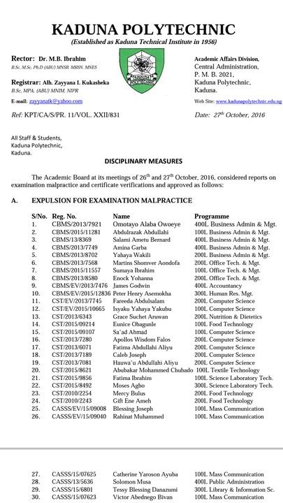 Kaduna Polytechnic Expells Students For Exam Malpractice (Full List ...