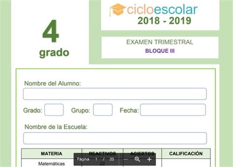 Examen Trimestral Bloque Cuarto Grado Ciclo Escolar