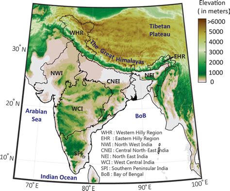 Study area with topography and climate zones of India in the ...