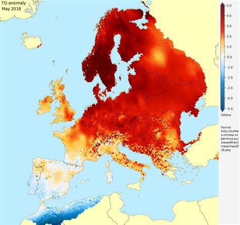 Map of the difference in average temperature in Europe between May 2018 ...