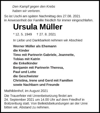 Traueranzeigen von Ursula Müller Trauer Nordkurier