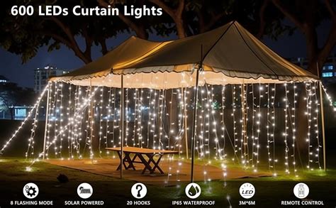 600led Solar Curtain Lights Waterproof 20 10ft Upgraded Twinkle