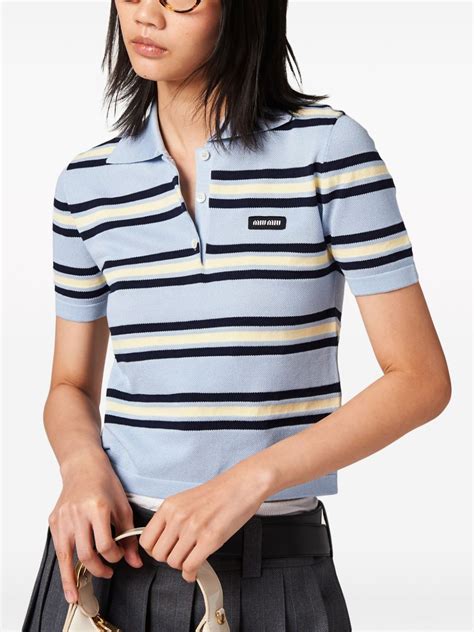 Miu Miu Striped Knitted Cotton Polo Shirt Blue Farfetch