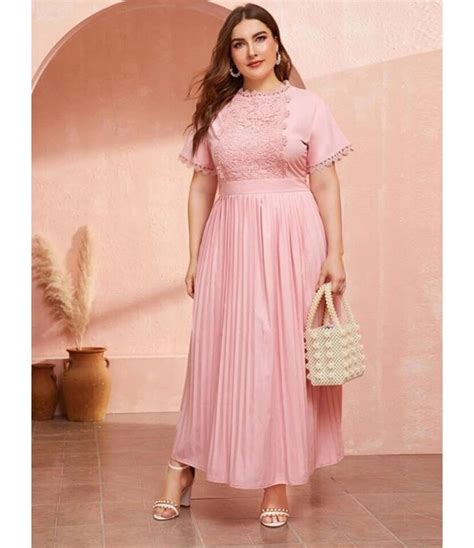 Plus Size Lace Panel Tight Waist Pink Pleated Maxi Dress