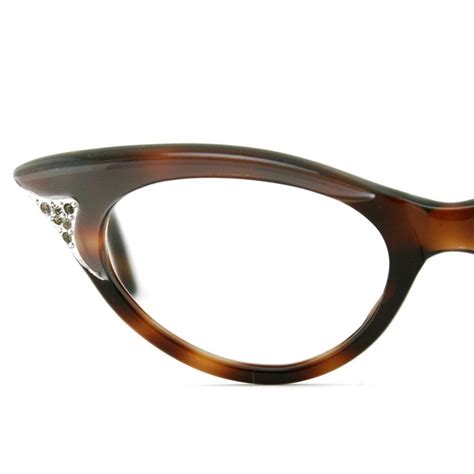 Vintage Women Bronze On Amber Cat Eyeglass Frames France Rhinestone