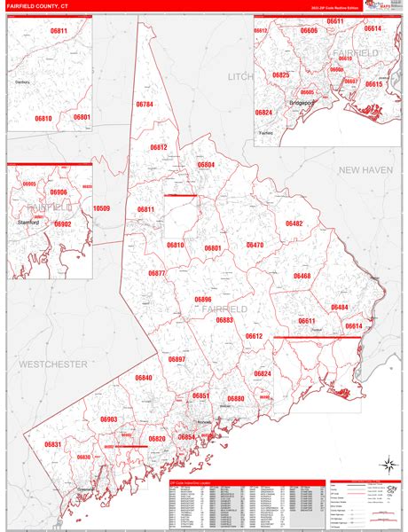 Fairfield County, CT Zip Code Wall Map Red Line Style by MarketMAPS ...