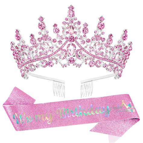 Velscrun Pink Crystal Birthday Tiara Crowns For Women Girls It S My Birthday Sash