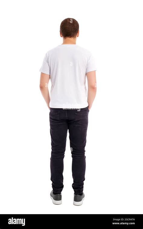 Back View Of Young Handsome Man In White T Shirt Isolated On White