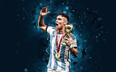 Загрузить 4k Lautaro Martinez with cup Qatar 2022 blue neon lights